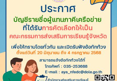 ประกาศ บัญชีรายชื่อผู้แทนภาคีเครือข่ายที่ได้รับการคัดเลือกให้เป็นคณะกรรมการส่งเสริมการเรียนรู้จังหวัด