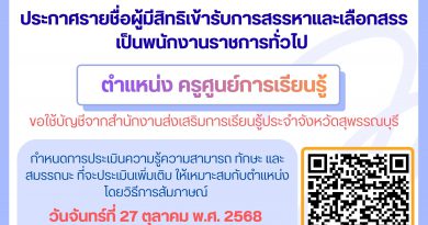 ประกาศรายชื่อผู้มีสิทธิเข้ารับการสรรหาและเลือกสรร เป็นพนักงานราชการทั่วไป ตำแหน่ง ครูศูนย์การเรียนรู้