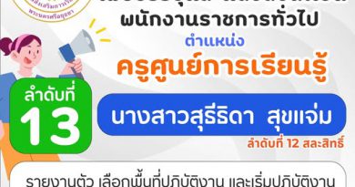 เรียกรายงานตัวเพื่อเข้ารับการบรรจุและแต่งตั้งเป็นพนักงานราชการทั่วไป ตำแหน่ง ครูศูนย์การเรียนรู้ ลำดับที่ 13